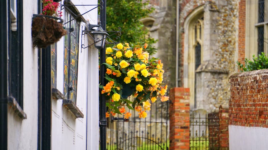 A vibrant flower box filled with yellow and orange blooming flowers, possibly begonias or marigolds, is mounted on the white exterior wall of a building along Station Road in North Ockendon. The flowe