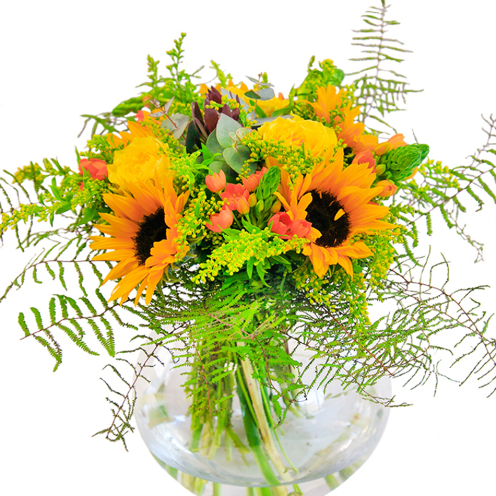 Sophisticated yet joyful, this North Ockendon floral arrangement captures the enchanting energy of late summer in the countryside. Placed in a perfectly clear glass vase, broad-faced sunflowers dominate with their radiant yellow petals and inky centers, echoing the wildflowers one might find along Clay Tye Road at the height of the season. Companioning them, garden roses in rich yellow spiral outward-petals layered in gentle, abundant whorls that feel both classic and contemporary. Jewels of vivid red Hypericum berries glisten within the greenery, catching the light and drawing the gaze. Cascading fern fronds and wispy goldenrod add texture, their delicate, dancing forms reminiscent of the nearby fields and hedgerows. Eucalyptus leaves sneak in a discreet note of bluish-green, imparting a refreshing, rustic scent. The vase reveals the stems crisscrossing cleanly in the water, underscoring the freshness and care that define each creation from North Ockendon's dedicated florists. This bouquet, ideal for birthdays, anniversaries, or simply brightening a corner of the home, brings an authentic touch of local nature indoors-celebrating the beauty and warmth of the North Ockendon community.