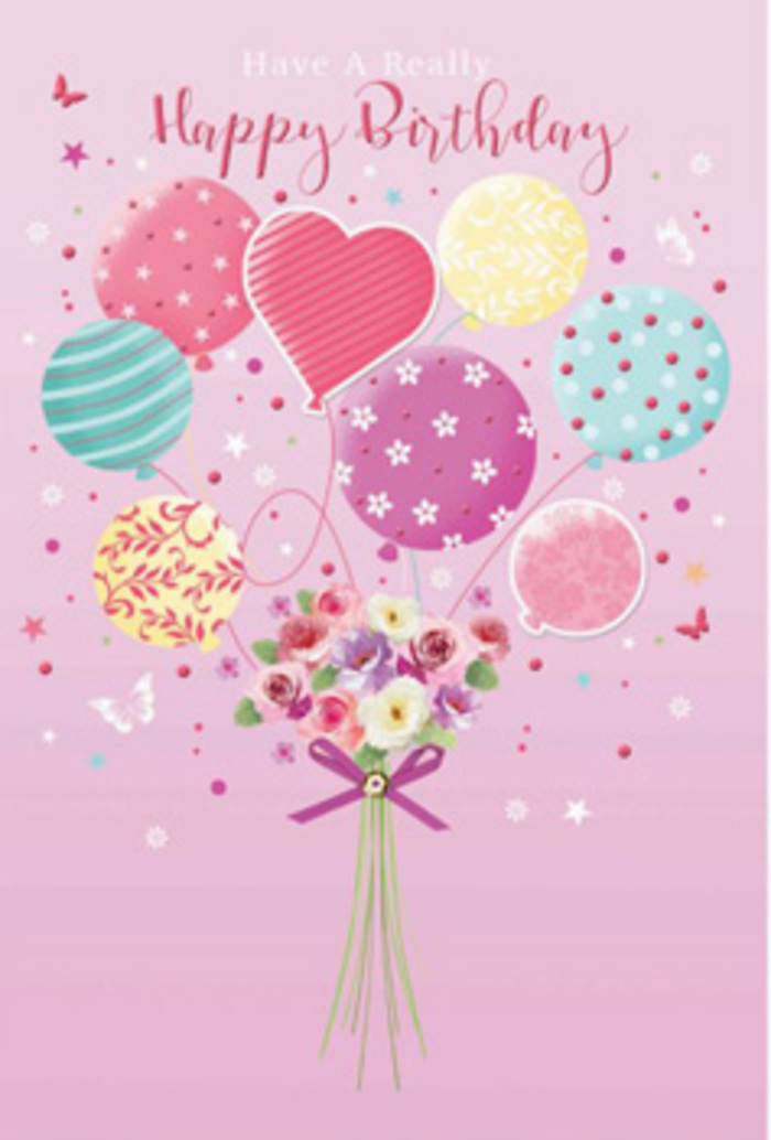 This birthday artwork carries the soft, unhurried charm of North Ockendon, as if inspired by a quiet afternoon with the countryside stretching just beyond the doorstep. A smooth wash of blush pink forms the background, calm and understated, allowing the central celebration to float into focus. At the heart of the image, a cluster of pastel balloons rises skyward, each one distinct yet perfectly coordinated. They glow in shades of warm rosy pink, lavender, fresh mint green, and buttery yellow, their surfaces adorned with playful designs-twisting ribbon stripes that spiral around the curves, scattered polka dots that look like confetti frozen in mid-air, and subtle star and heart shapes that lend a hint of magic. The balloons appear to lift a dainty, hand-tied bouquet positioned at the base, uniting the composition. These birthday flowers are full yet delicate, with velvet-textured petals that shade from cream to blush and soft mauve, evoking roses and tiny daisy-like blooms freshly arranged in a local workshop. The stems are pulled together by a sparkling purple bow, its satin ribbon catching highlights that echo the shine on each balloon, giving the impression of a carefully finished, lovingly crafted piece. Small butterflies flutter nearby, and tiny stars seem to drift around the flowers, as though the entire arrangement is caught in a moment of joyful stillness. The scene feels like a thoughtful birthday wish, ideal for accompanying a bouquet delivered to a farmhouse on Ockendon Road or a family home near the heart of North Ockendon-an image that whispers happiness, affection, and the quiet delight of being remembered.