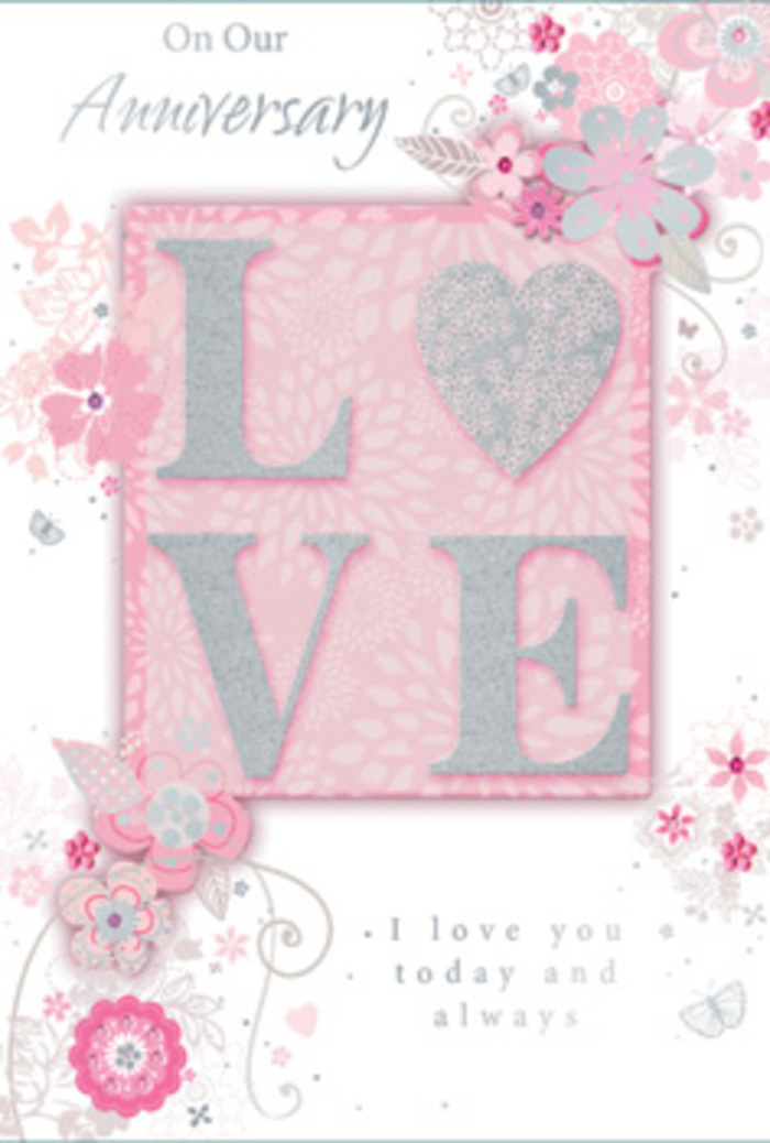 In this image, the anniversary card is captured as if freshly opened in a quiet North Ockendon living room, the design inviting a slow, appreciative gaze. The central motif is the word "LOVE," highlighted in an elegant frosted glitter print that stands slightly raised from the surface, offering a gentle tactile delight. When light touches the letters, the shimmer is soft and diffused, more like moonlight on petals than a harsh sparkle. Encircling this word, wispy, hand-drawn blooms drift along the borders in a loose, organic frame. Their petals are shaded in tender tones of pink, lilac, and ivory, harmonising in a way that recalls a thoughtfully curated bouquet from a skilled local florist. The flowers are not rigidly detailed; instead, their outlines are light and lyrical, allowing the eye to follow their curves as if tracing the stems of fresh blossoms laid out across a workbench. Interlaced among the flowers are fine filigree lines and dainty leaves, adding texture and movement without overwhelming the design. Almost-hidden butterflies, suggested by the faintest strokes of silver and pale grey, hover along the edges, evoking the flutter of a heart on a much-anticipated anniversary morning. The message, "I love you today and always," rests in graceful, uncluttered type near the centre, balanced so it feels like the quiet voice behind the art. The background is a soft, rosy pink, giving the impression of warm light filtering through sheer curtains on a peaceful day. Altogether, the card resembles a hand-tied bouquet rendered in paper-unshowy yet deeply expressive-perfect for celebrating a love that's grown steadily over the years among the calm fields and friendly streets of North Ockendon.