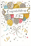 This congratulations card is illustrated with a sense of gentle delight, as if it captures the moment just after friends gather to celebrate good news in a cosy North Ockendon living room. The composition centres on a buoyant cluster of balloons, illustrated in a mix of soft metallics and pastels: shimmering gold, polished silver, creamy champagne, clear sky blue, romantic blush pink, and understated grey. Each balloon is uniquely detailed-some shimmer with fine glitter, others are defined by slender stripes or sprinkled with tiny stars and specks that suggest a subtle sparkle when the card is tilted toward the light. From each balloon, slim gold and silver ribbons trail down in elegant curls, intertwining and looping like festive streamers taped along a village hall for a local celebration. Crossing this uplifting arrangement is a gently arched banner, almost like a ribbon tied around a bouquet, bearing the message "Congratulations To You" in graceful, flowing script that feels warm and sincere. The background is pale and calm, yet animated by a scattering of metallic stars, confetti-like dots, and swirling decorative lines, which create a sense of movement, as though the balloons were caught mid-float in a soft indoor breeze. The finish of the design suggests a mix of smooth print and slightly raised glitter, inviting a tactile response. As a florist familiar with North Ockendon, I can imagine pairing this card with a hand-tied bouquet for delivery to celebrate exam results, a promotion, a new home, or any meaningful achievement, allowing the card's delicate shimmer and joyful details to reflect the pride and happiness behind the gesture.