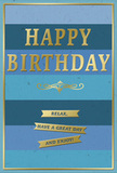 This birthday card radiates a soft, composed joy through its simple yet sophisticated design. The entire face is covered with wide horizontal bands of blue that shift gradually in tone, starting with deep, comforting navy at the outer edges, moving through richer mid-blues, and finally easing into paler, sky-like shades at the centre. The progression gives the impression of looking across a calm horizon beyond North Ockendon on a clear afternoon, with each stripe melting quietly into the next. At the centre of this soothing backdrop, the message "HAPPY BIRTHDAY" is presented in large, embossed gold letters. The foil finish lends the text a gentle shimmer, catching light in small highlights that bring the card to life without disturbing its peaceful mood. Just beneath, a graceful gold flourish stretches in a symmetrical curve, providing a decorative bridge between the main greeting and the words below. Three slender gold banners are stacked neatly under the flourish, each one bearing part of a simple, inviting promise: "Relax, have a great day and enjoy!" The banners, like the central message, are foiled and slightly raised, adding texture and a tactile sense of craftsmanship. A narrow gold border frames the whole composition, giving the card a polished, finished feel. You might imagine this card placed beside a vase of freshly cut birthday flowers on a windowsill overlooking the greenery around North Ockendon, the blues of the card whispering of open skies, the gold echoing the warm glow of evening light, and the message inviting a truly restful birthday celebration.